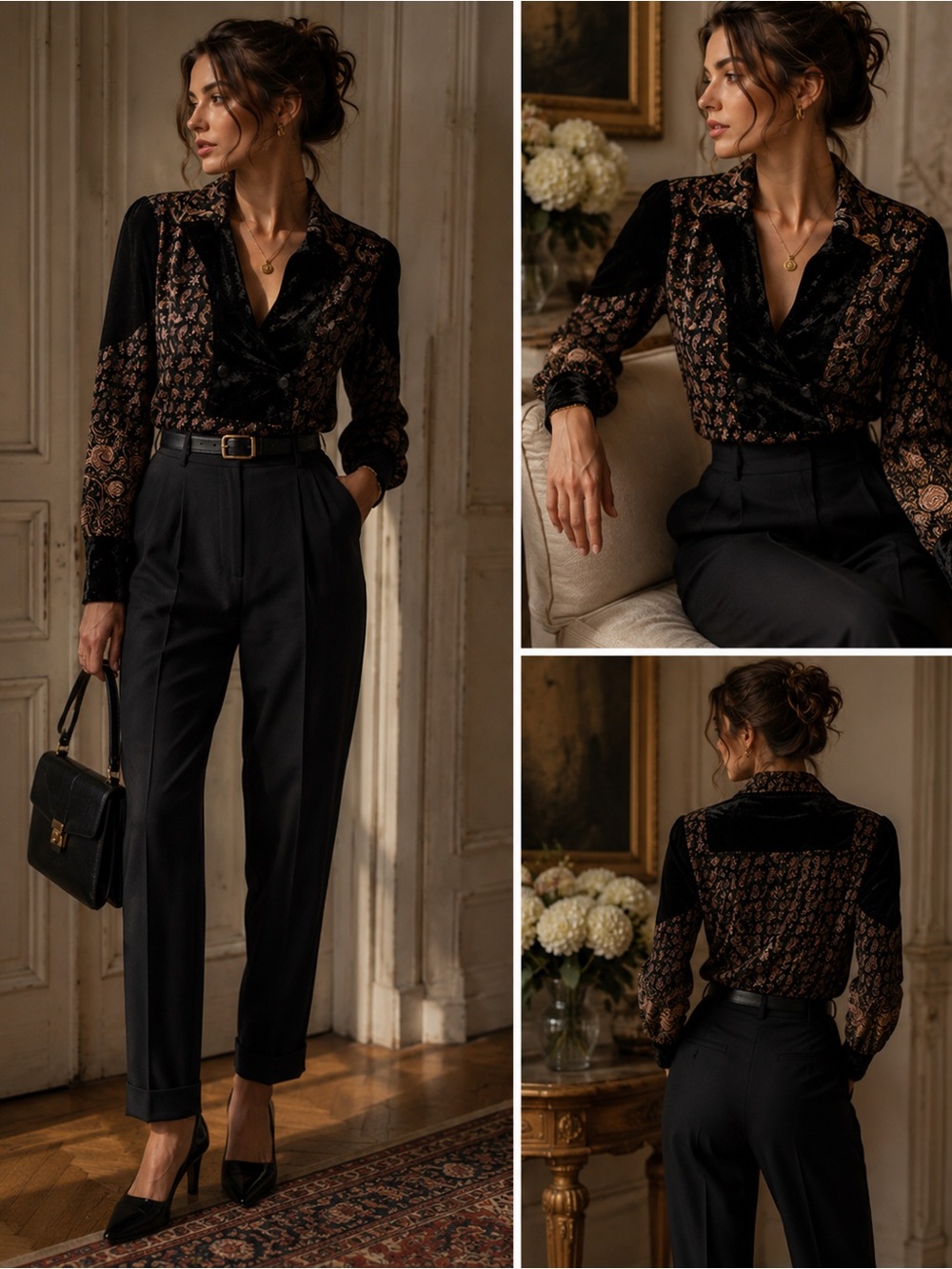 Made in Italy Motivi Paisley Velvet Trim Viscose Boho Blouse US 8